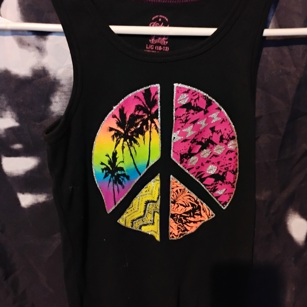 Faded Glory Black Tank Top with Colorful Peace Sign